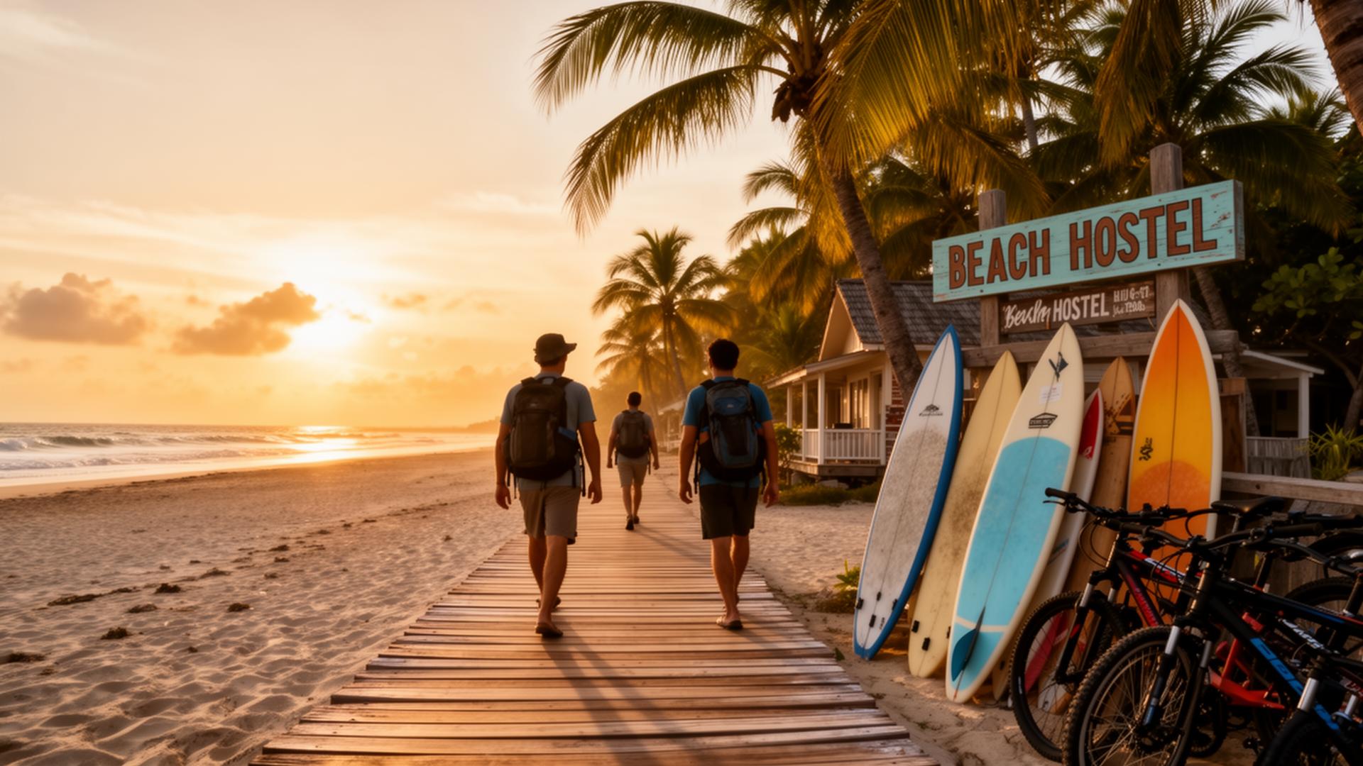 Travelers walking along a tropical beach boardwalk at golden hour near a beach hostel