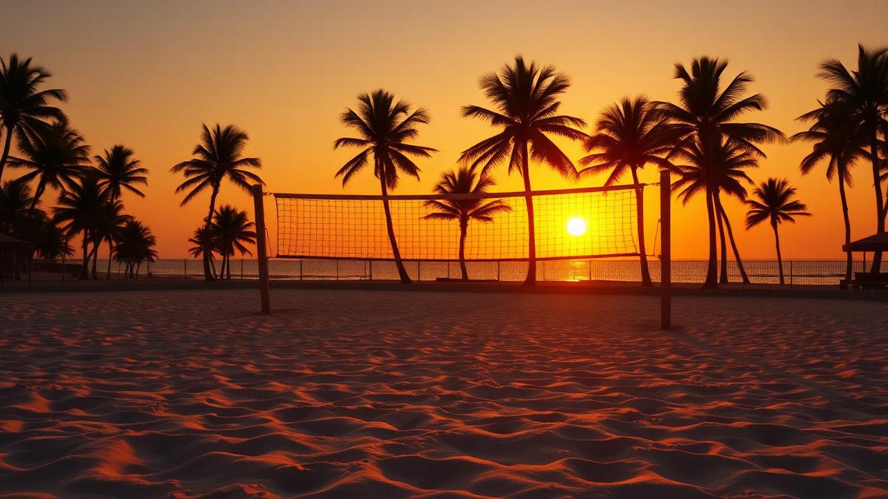 Beach volleyball net on tropical white sand beach at sunset