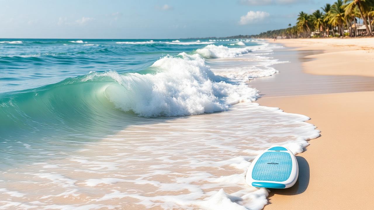 Surfboards lined up on white sand beach with gentle waves in background