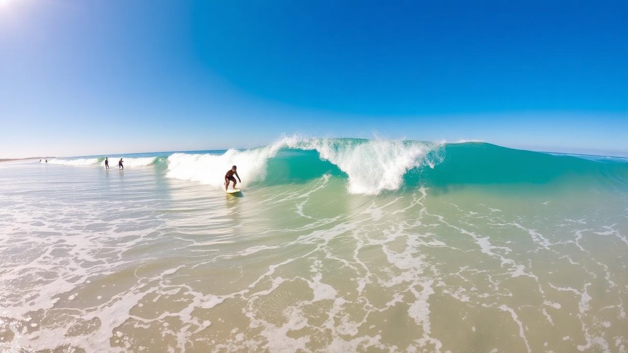 Bodyboarder carving through turquoise wave face on tropical beach
