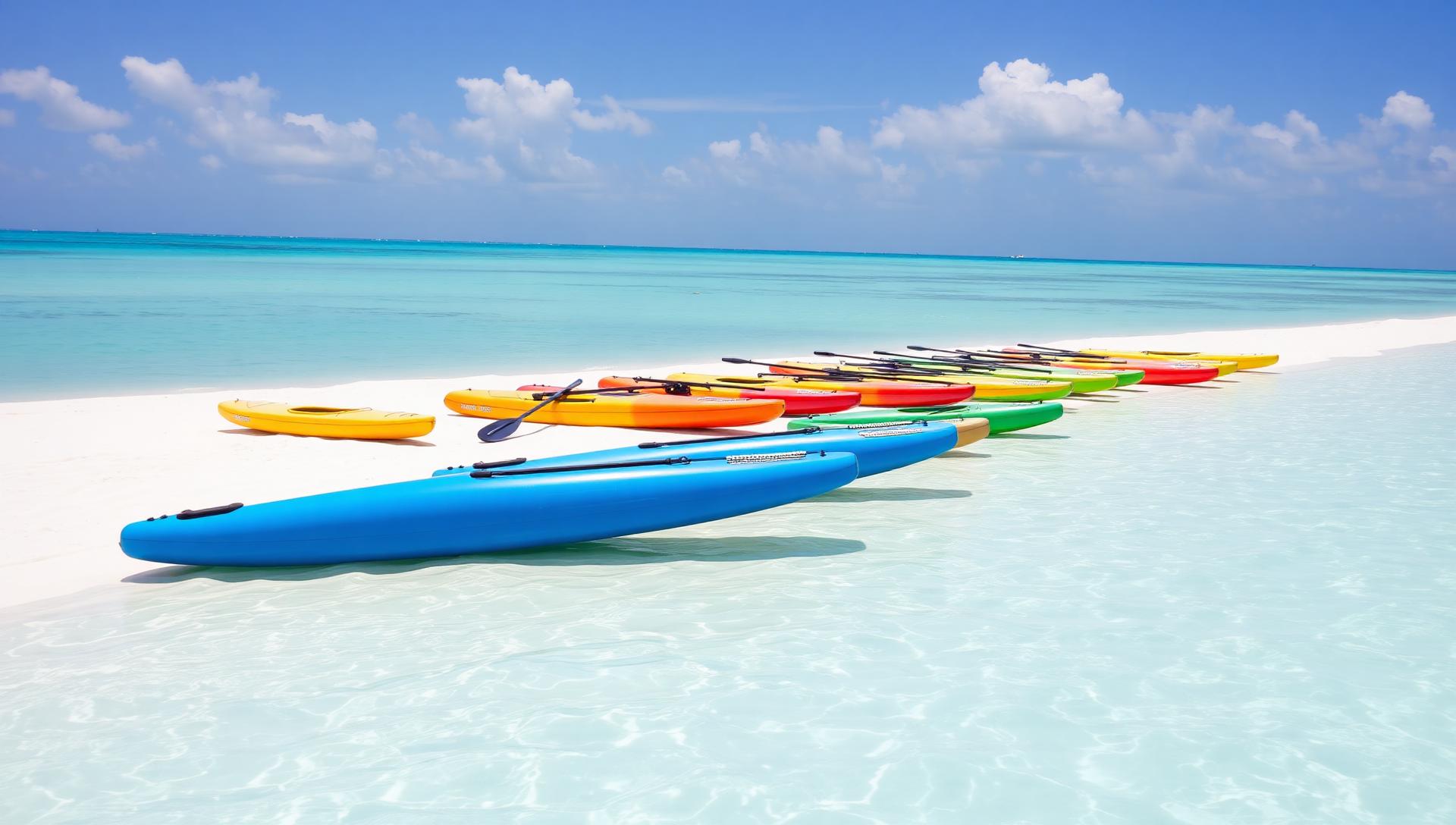 Family with children enjoying water sports activities in shallow turquoise water at a tropical beach
