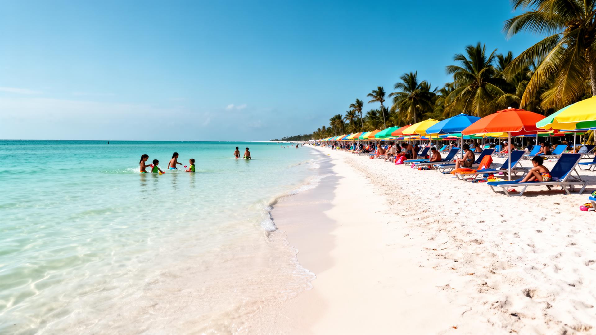 Family-friendly beach with colorful umbrellas and calm turquoise water