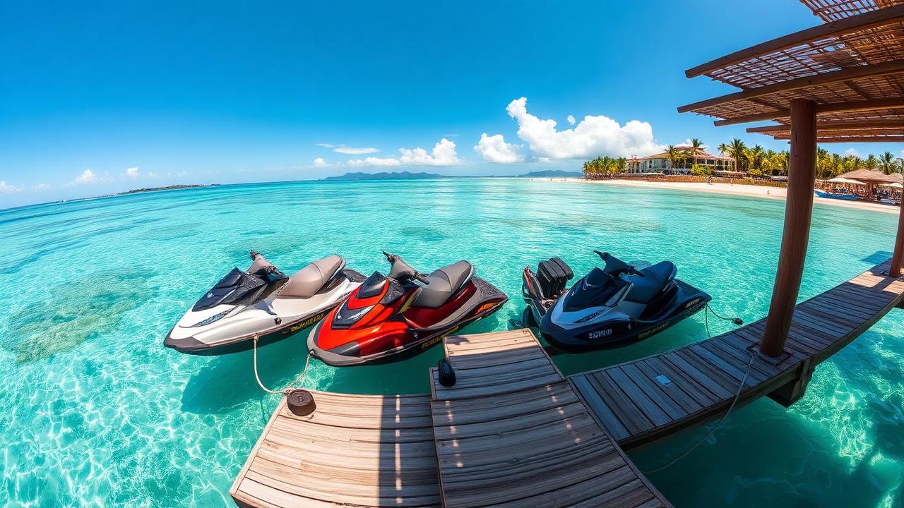 Two jet skis racing across turquoise ocean water on sunny day