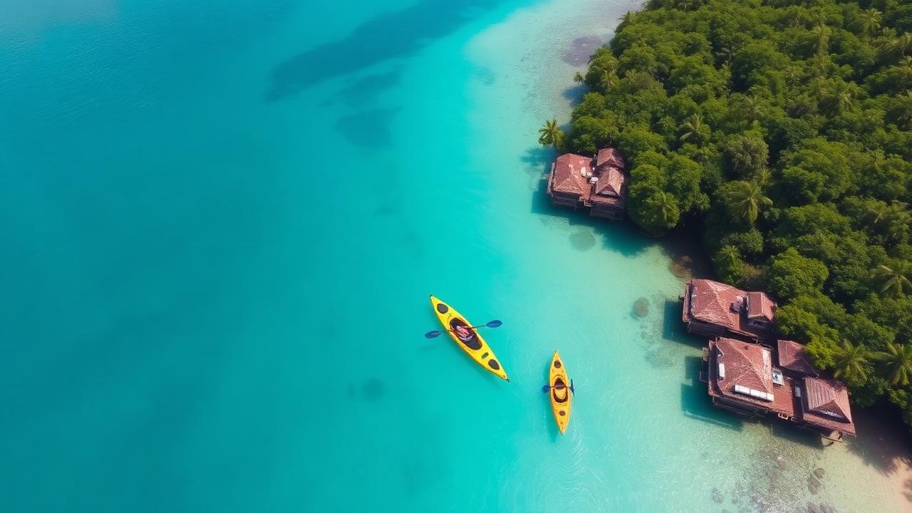 Aerial view of kayakers along dramatic rocky coastline with clear water