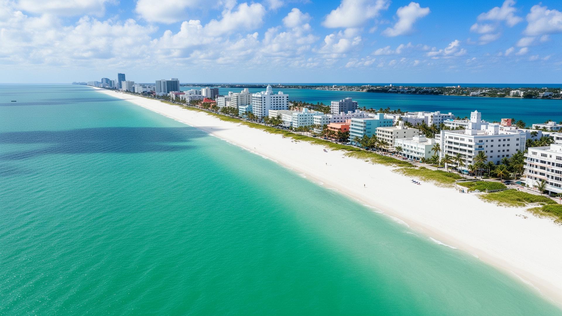 Aerial view of Miami coastline with turquoise water and Art Deco buildings