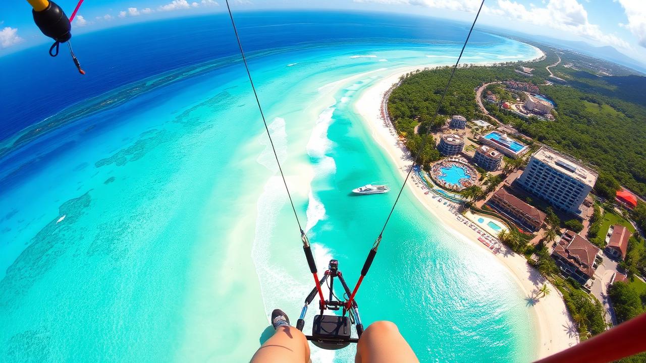 Colorful parasail chute against bright blue sky over tropical water