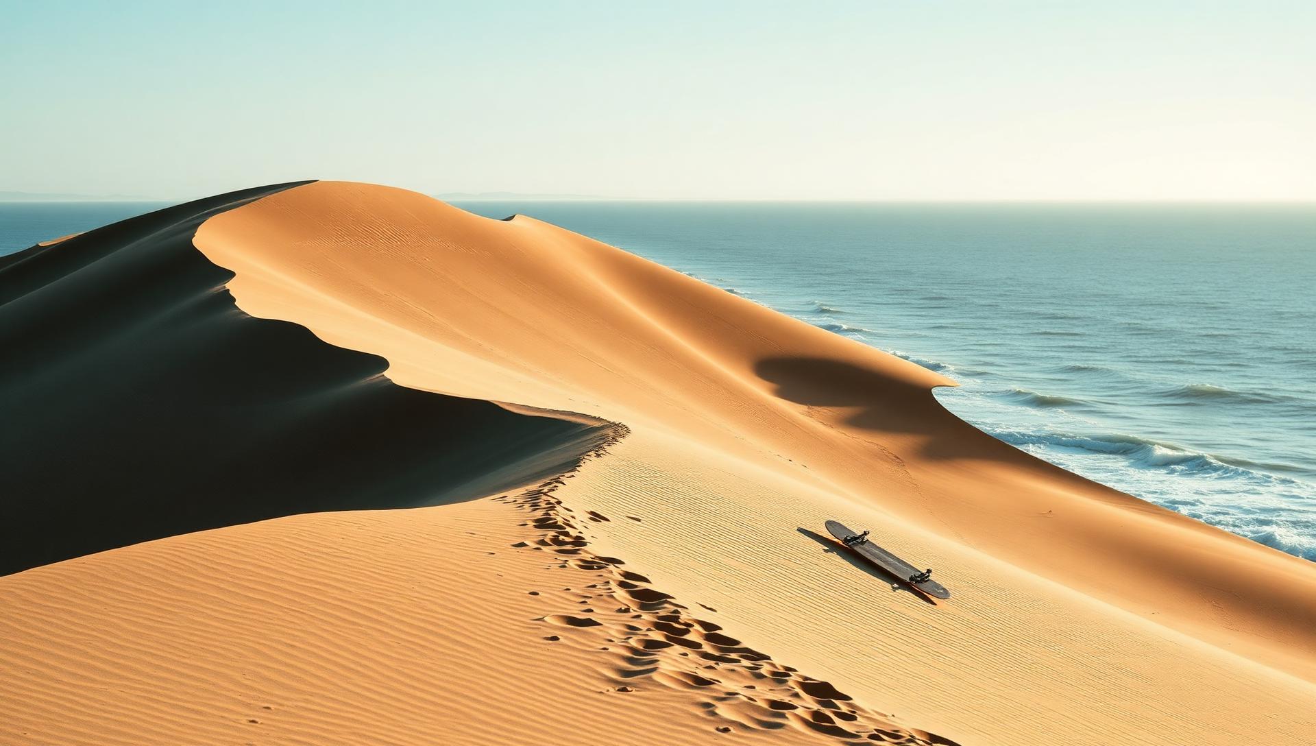 Adventurer sandboarding down massive golden coastal sand dunes with ocean visible in background