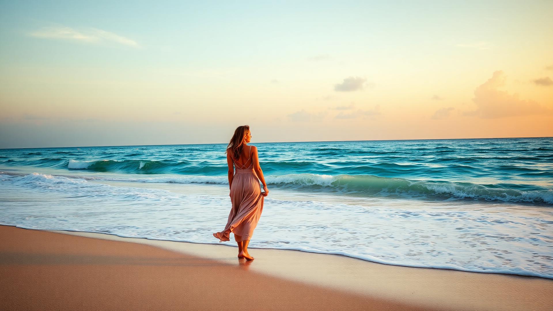 Solo female traveler walking along tropical beach at golden hour