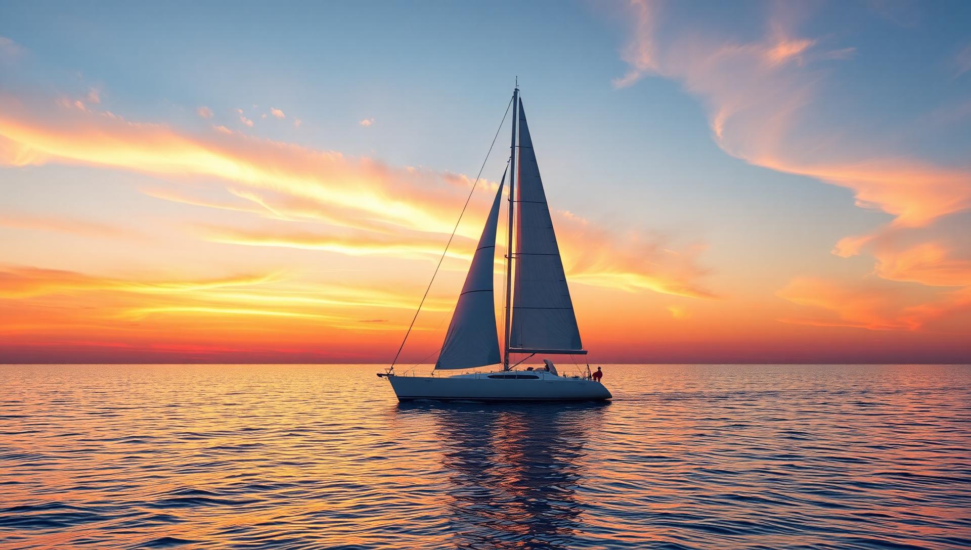 Sailboat silhouetted against a brilliant orange and pink sunset over calm tropical ocean waters