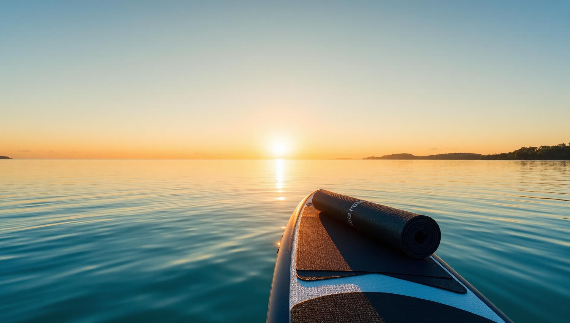 Person practicing yoga pose on a stand-up paddleboard in calm turquoise water at sunrise