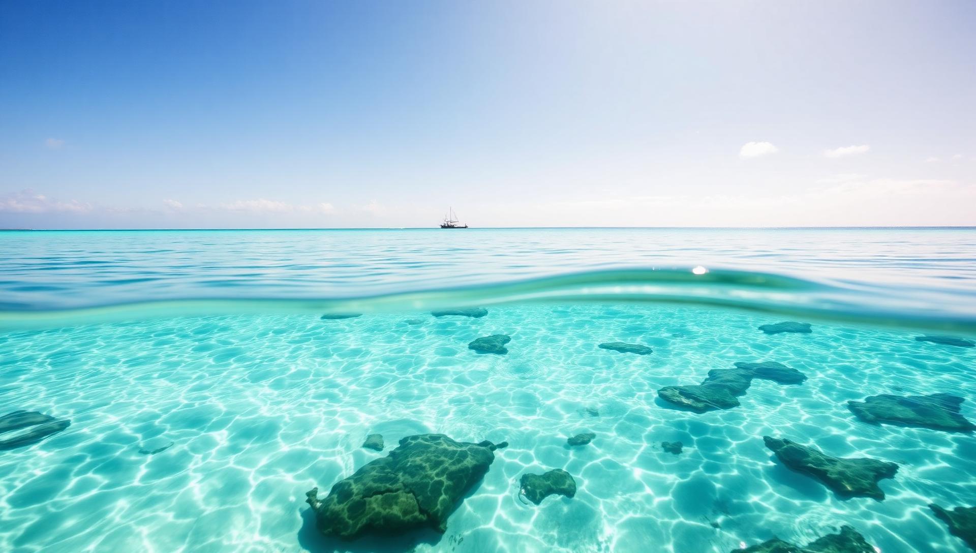 Crystal clear turquoise calm water beach with white sand and gentle waves in a sheltered tropical bay