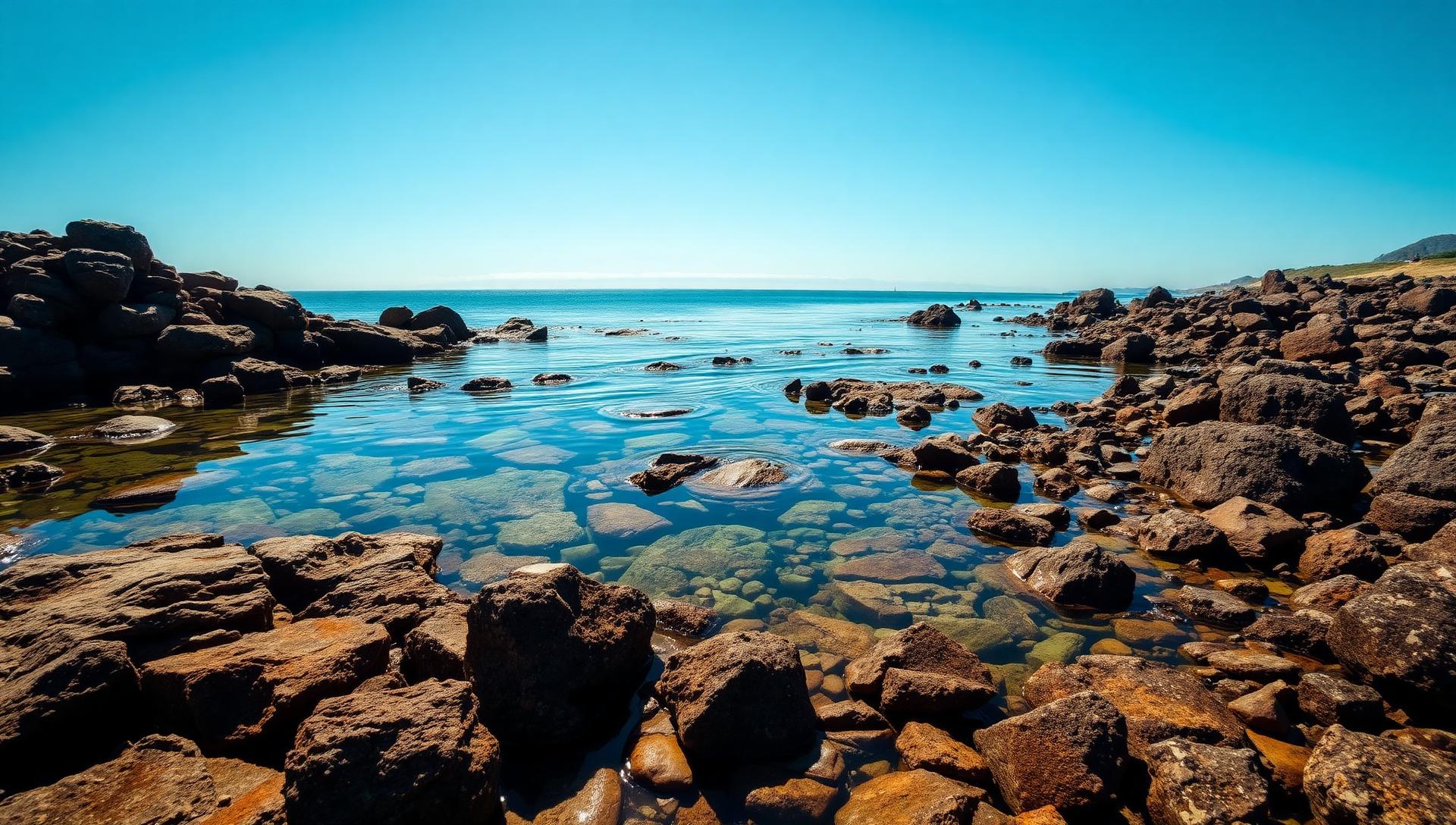Rocky coastal tide pools with colorful marine life visible in clear shallow water