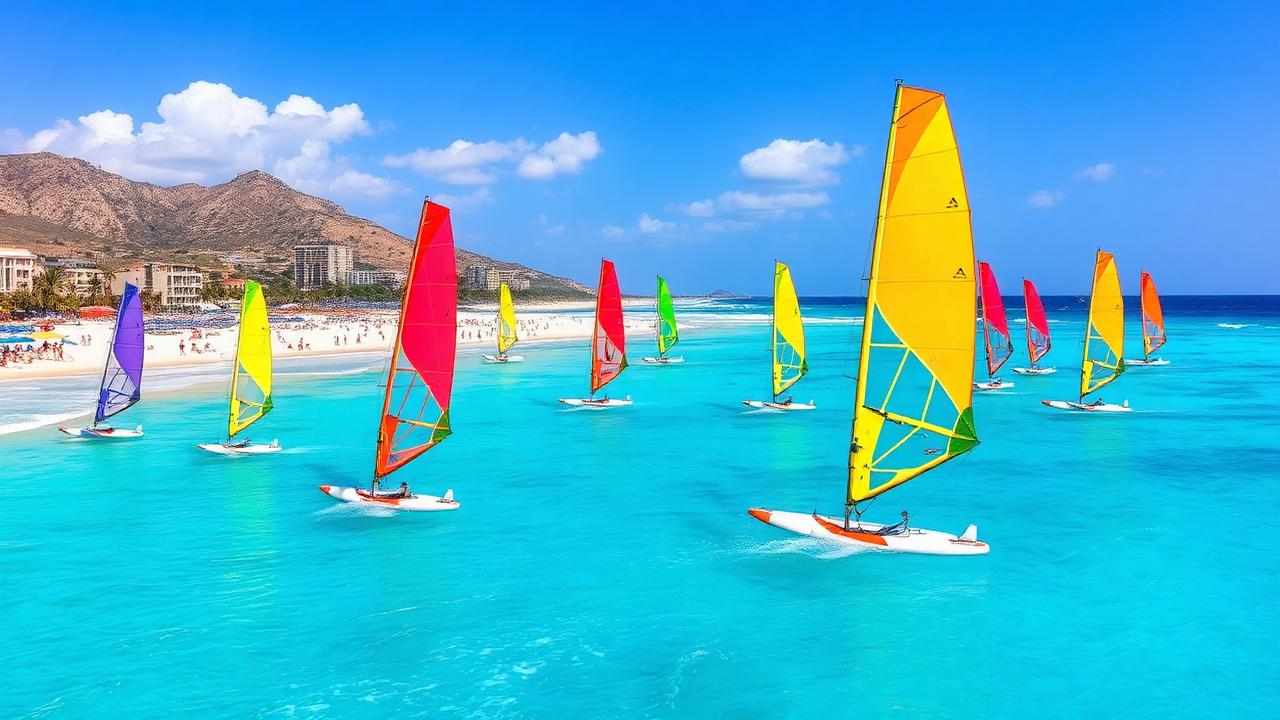 Multiple windsurfers on turquoise water with tropical island backdrop
