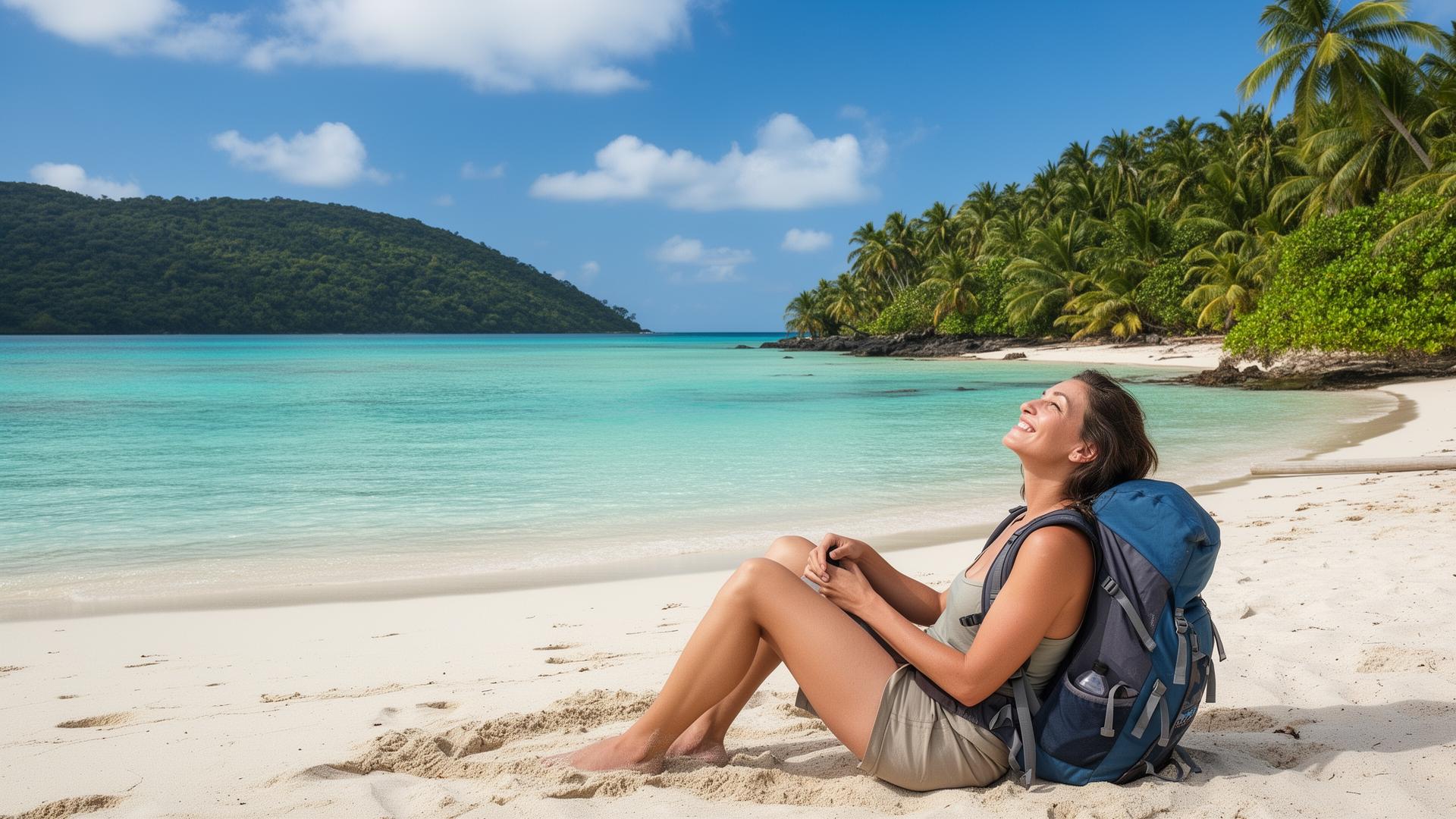 Solo traveler relaxing on a secluded tropical island beach with turquoise water