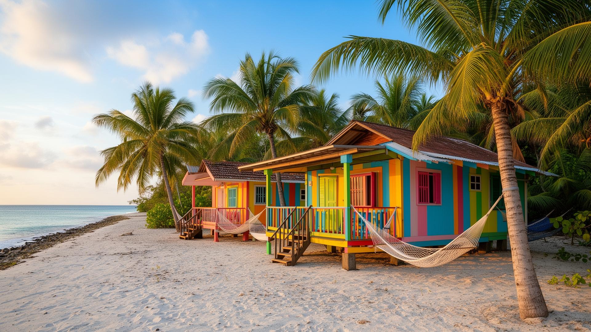 Colorful beachfront guesthouse on a budget-friendly tropical island with hammocks