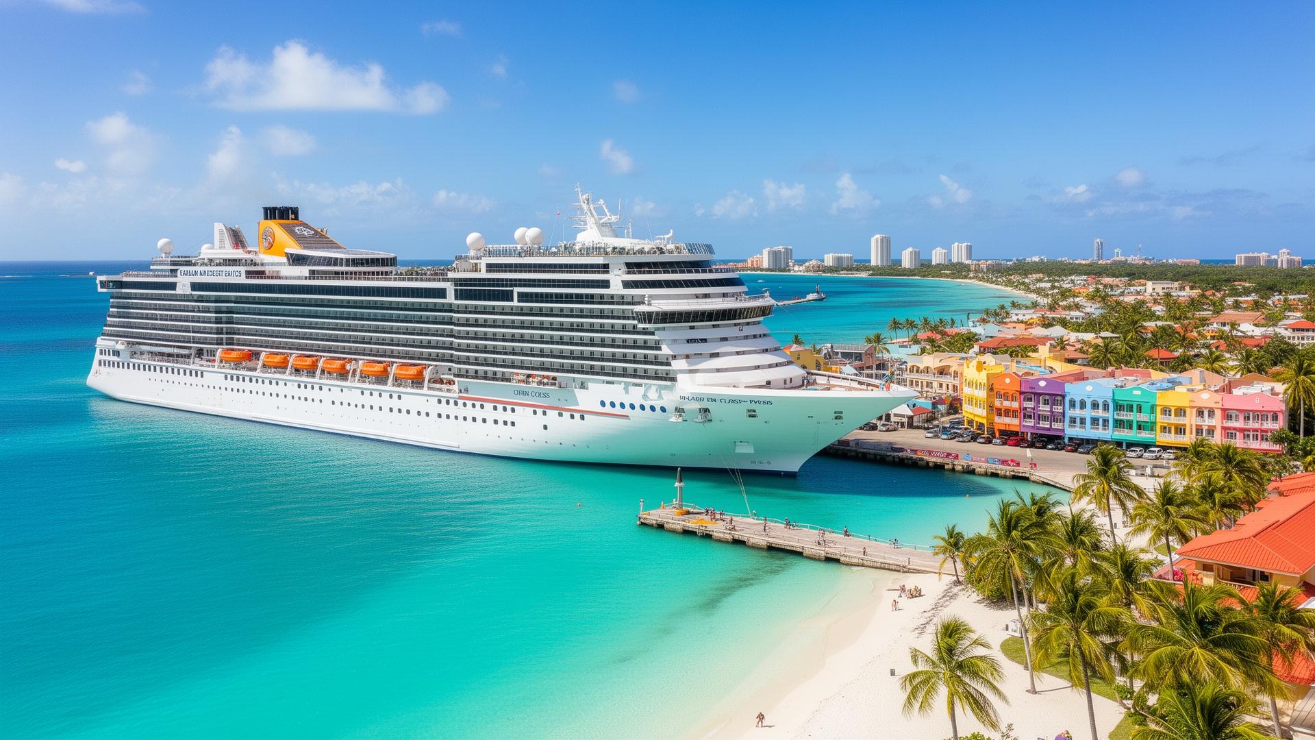 Cruise ship docked at Caribbean port with turquoise water and white sand beach