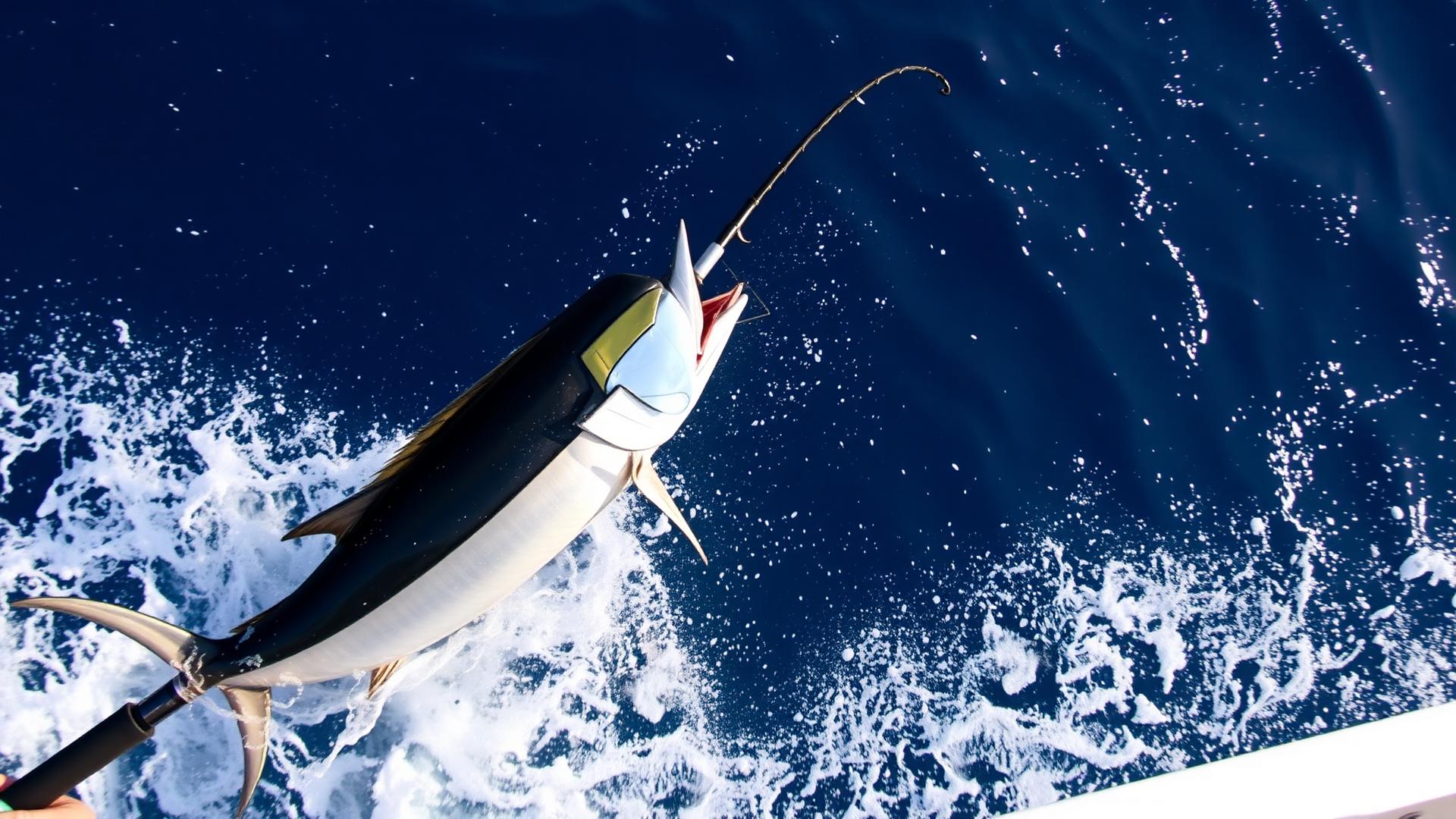 Marlin being caught from fishing charter boat off Cabo San Lucas