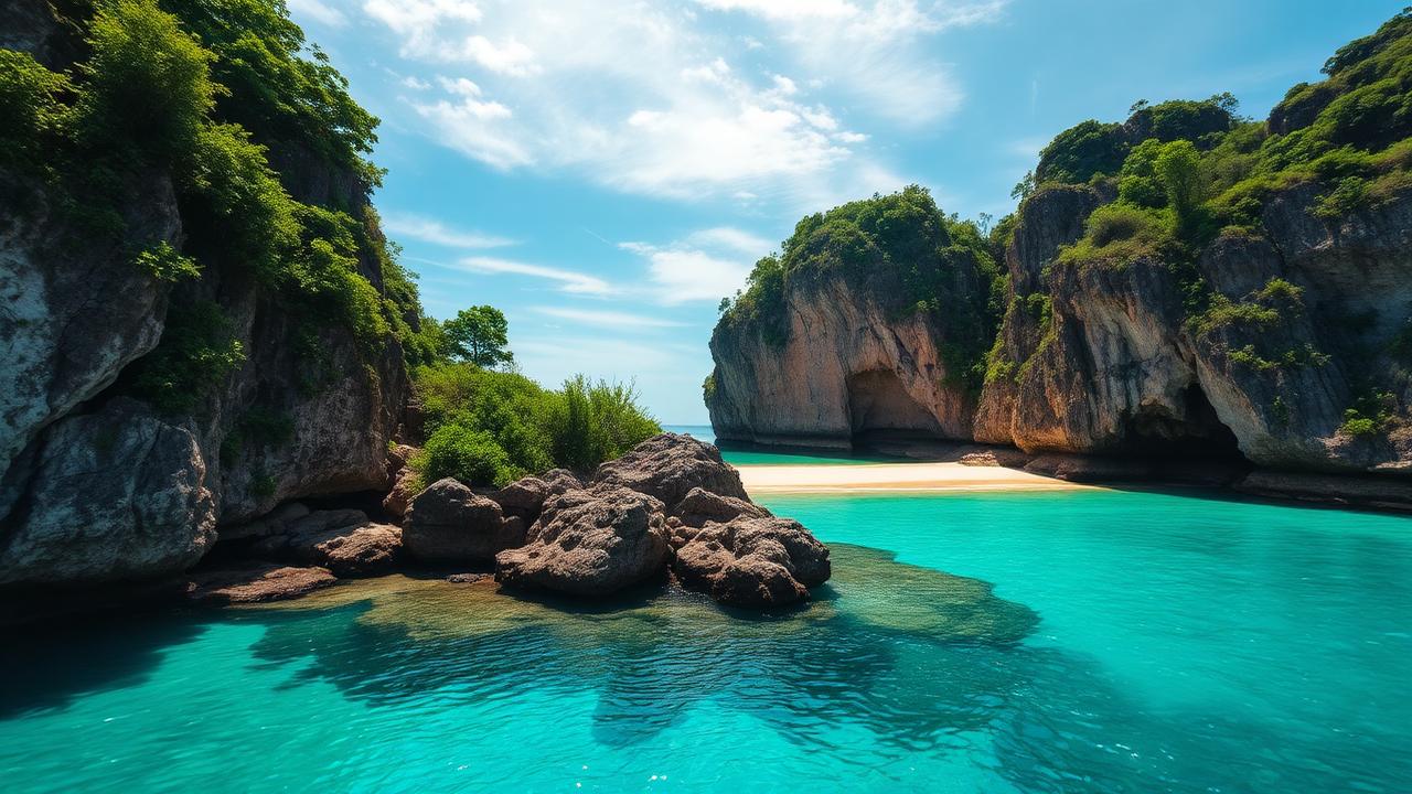 Secluded tropical cove with turquoise water and limestone cliffs