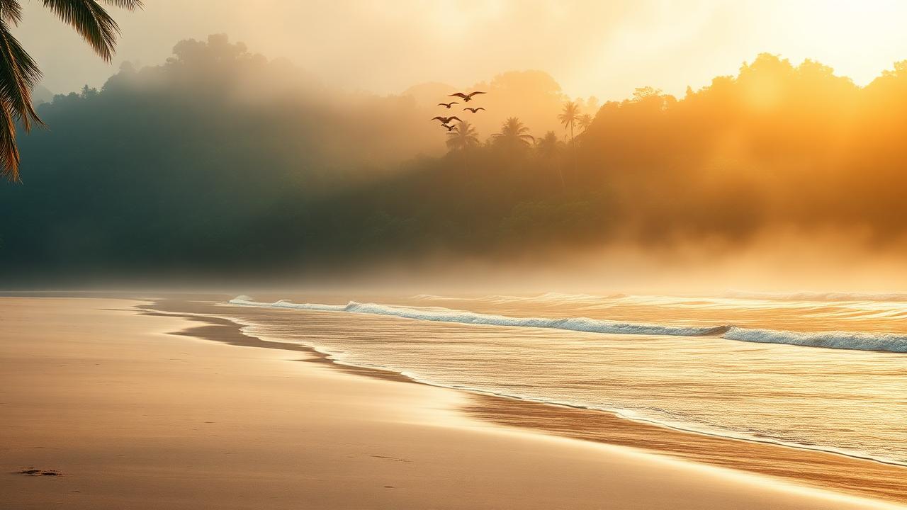 Secret beach at dawn with misty jungle backdrop