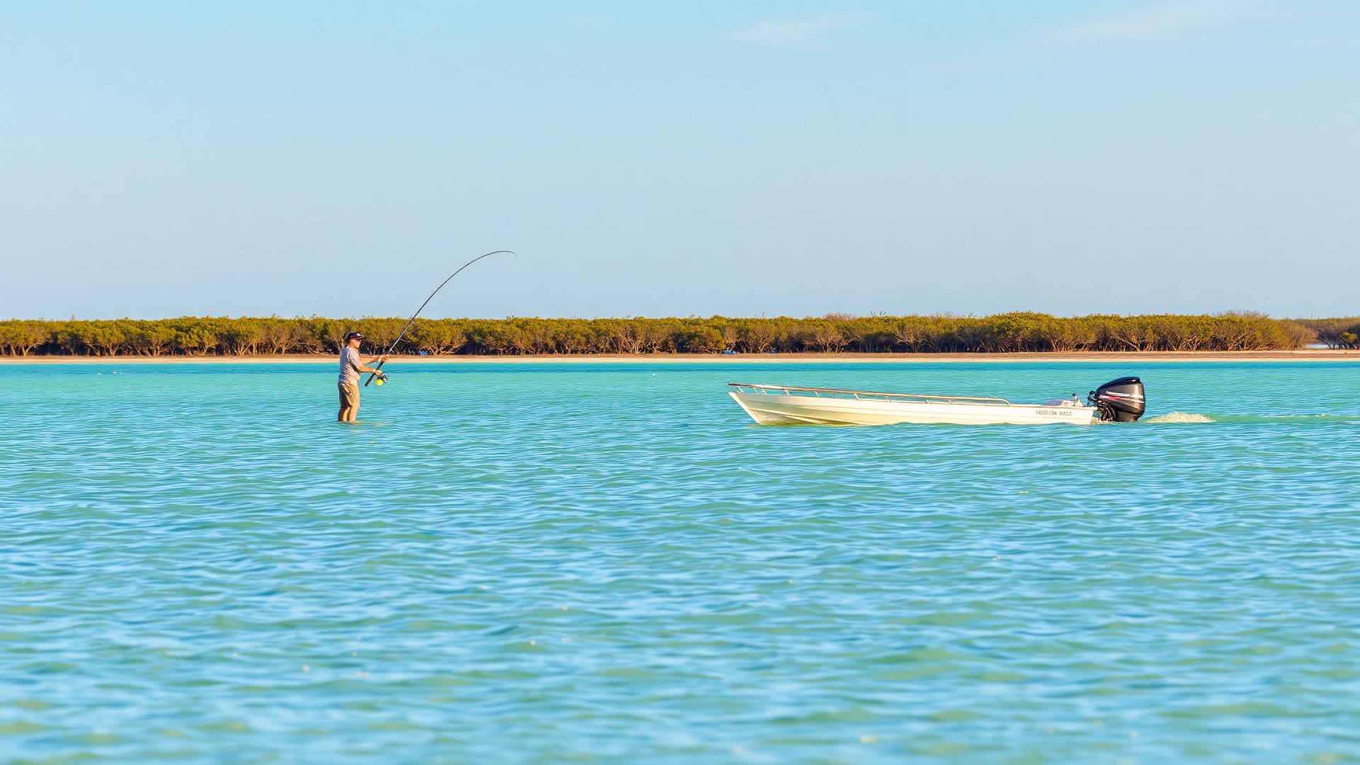 Angler wade fishing in shallow Gulf Coast flats with mangroves
