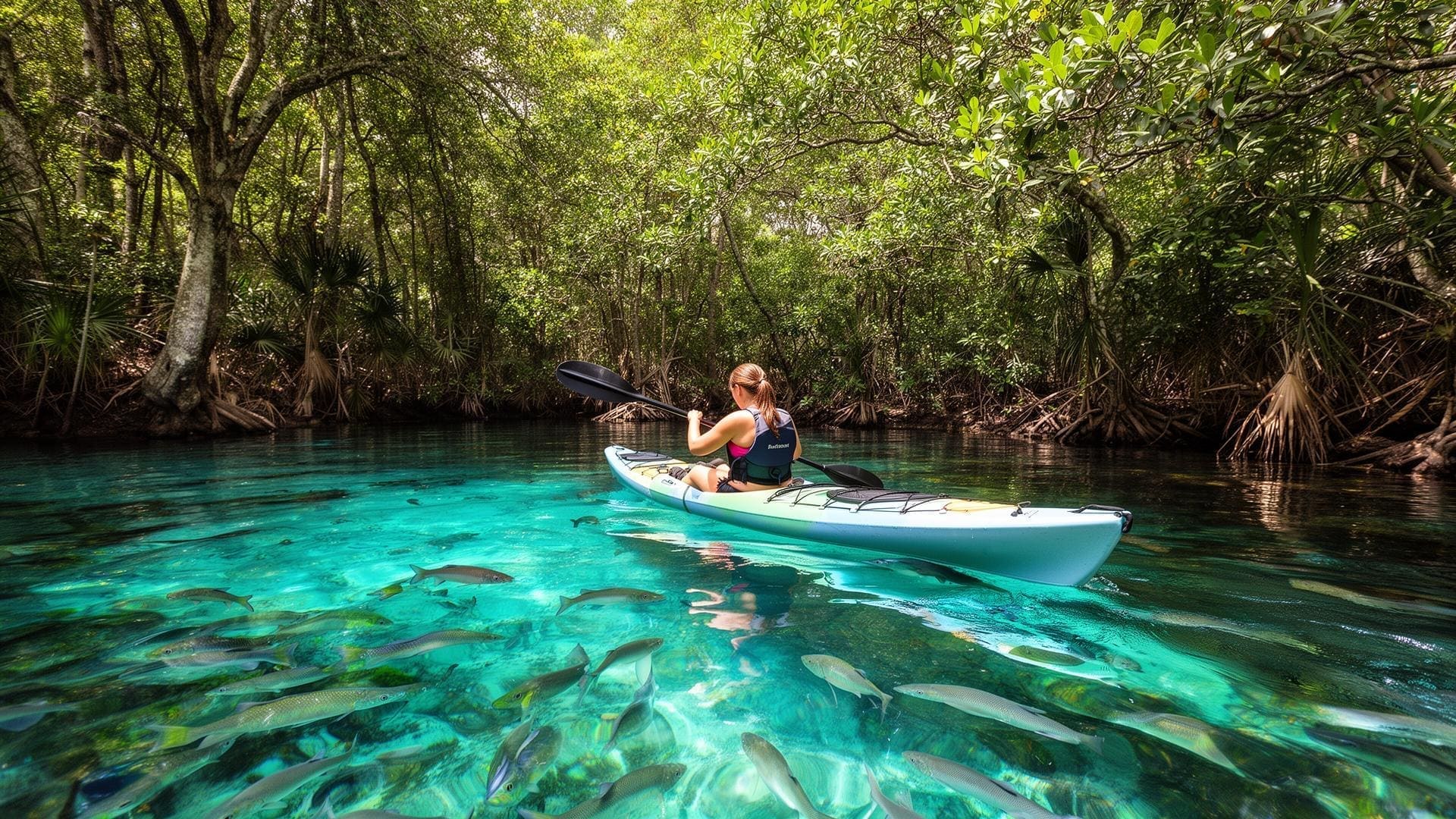 Kayaker paddling through crystal clear Florida spring with fish visible in turquoise water