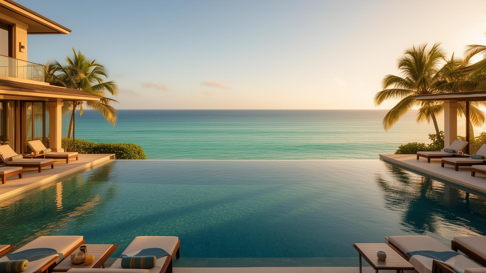 Infinity pool overlooking ocean at luxury beachfront resort during golden hour