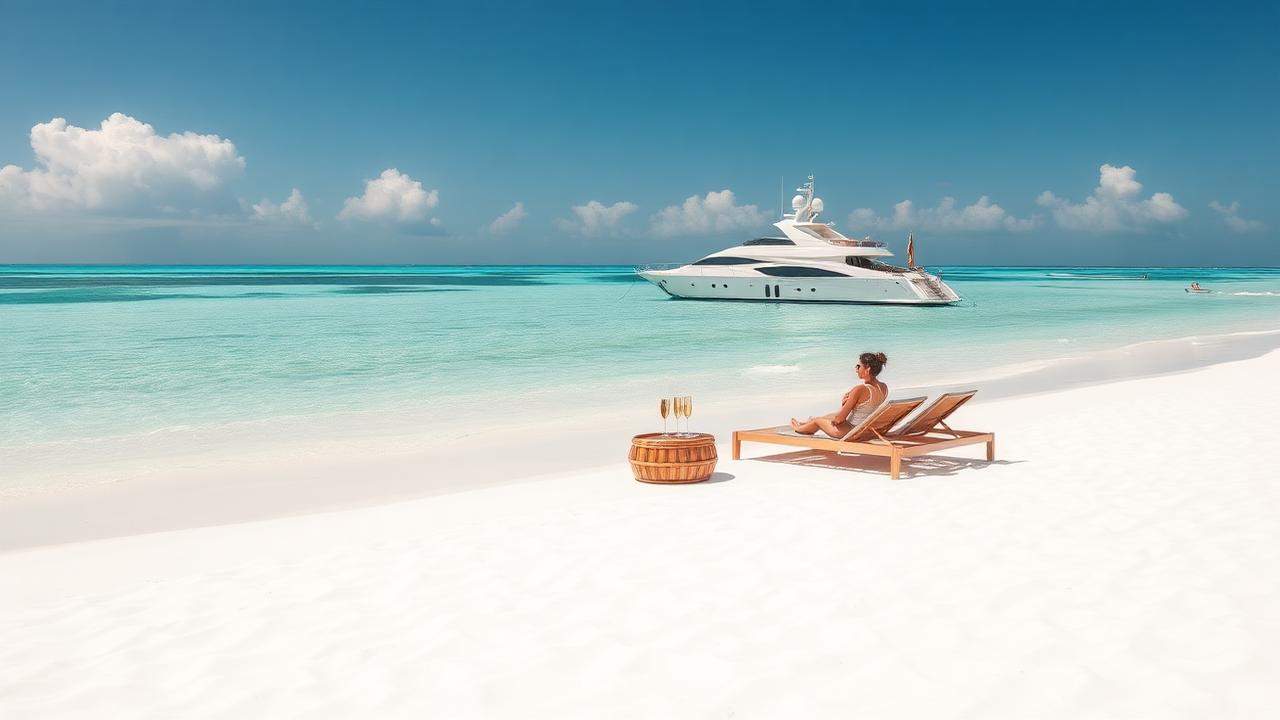 Exclusive private beach with champagne service and yacht
