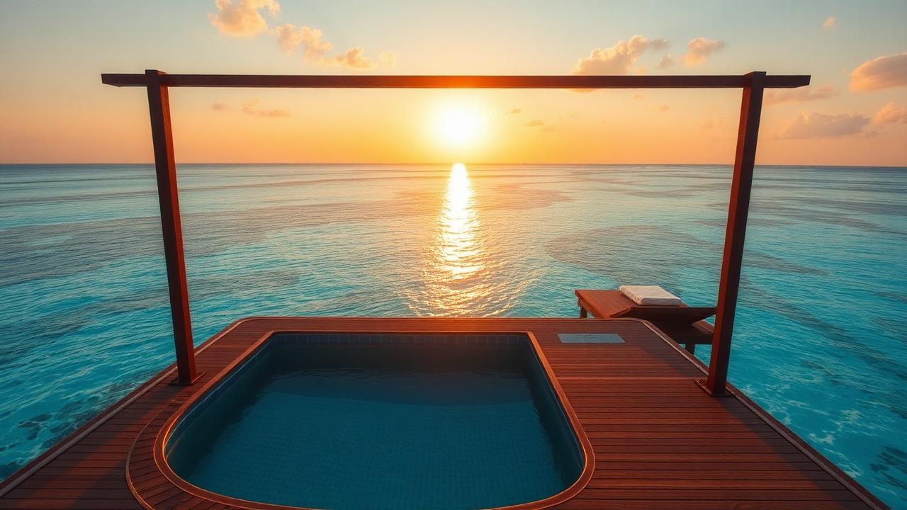 Luxury overwater villa with plunge pool at sunset