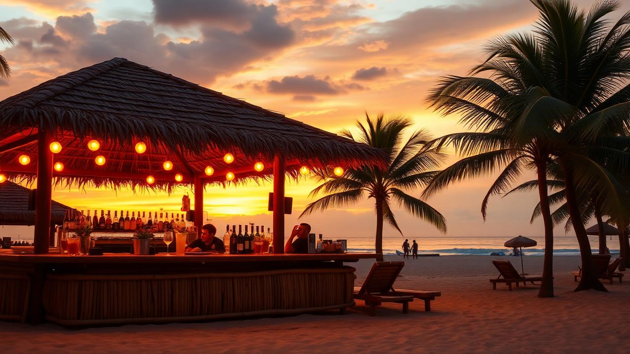 Sunset over a Bali beach club with glowing lanterns and ocean views