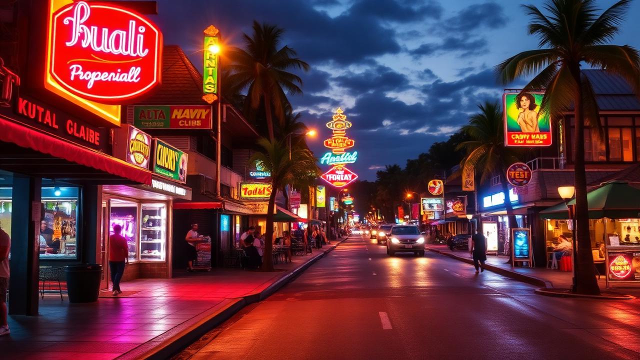 Neon-lit beachfront bars along Kuta Beach at night
