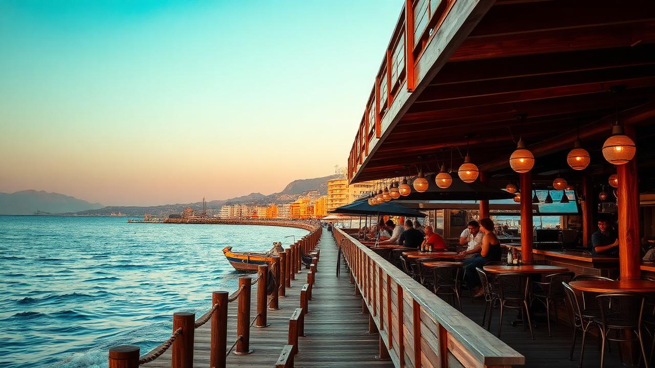 Barcelona beachfront promenade illuminated at night with Mediterranean Sea in background