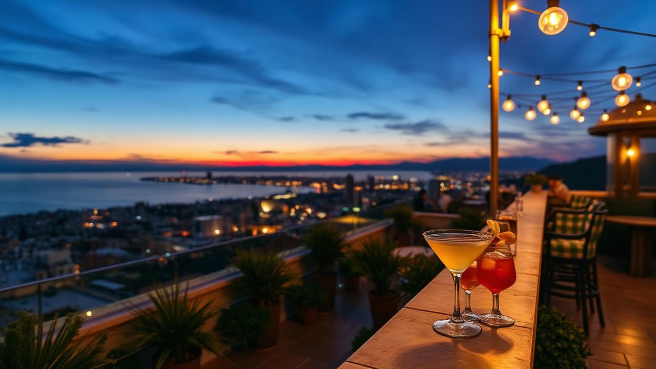 Panoramic view from a rooftop bar showing Barcelona coastline at night