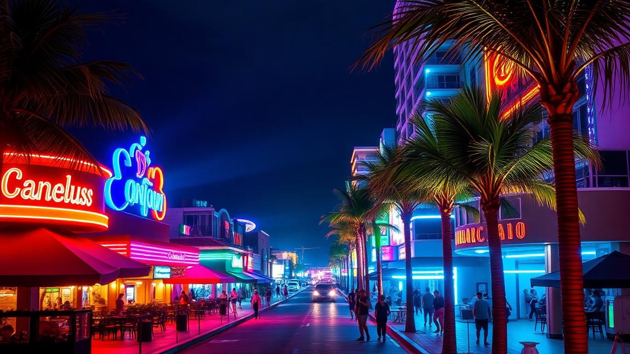 Vibrant mega-club interior in Cancún with laser lights and dancing crowd
