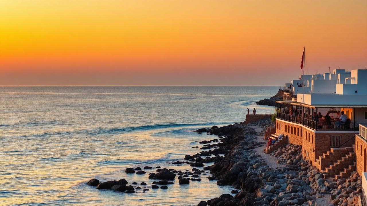 Ibiza sunset over the Mediterranean with beach club silhouettes