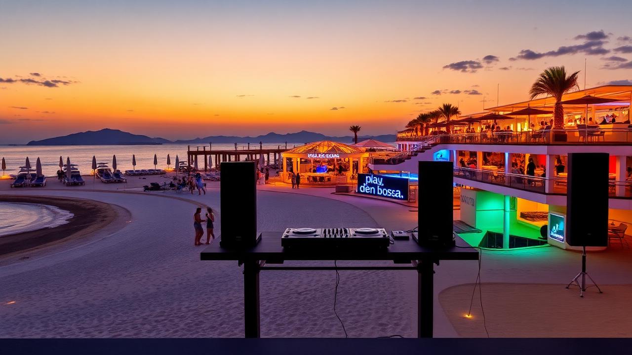 Ibiza Town harbor at night with illuminated old town walls and waterfront bars