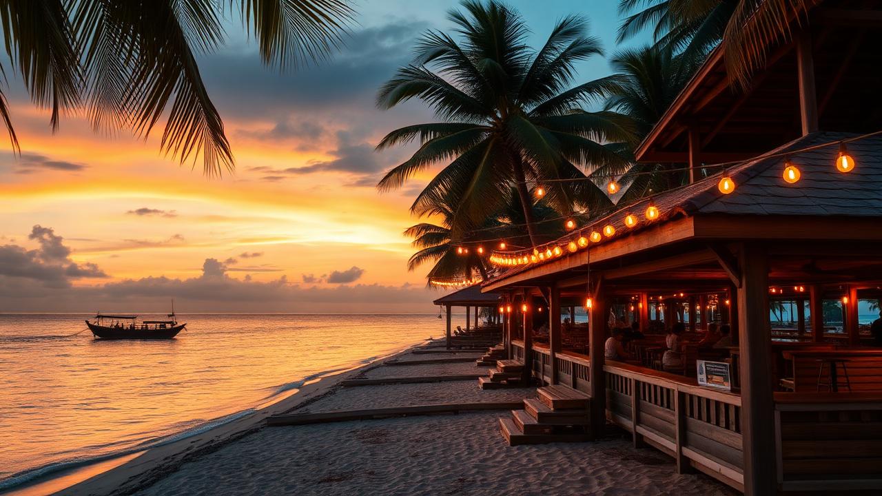 Koh Samui beachfront bars glowing warmly under palm trees at sunset