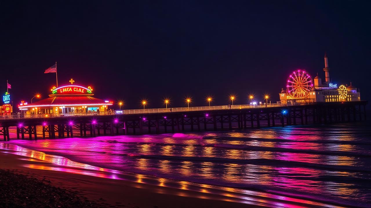 Santa Monica Pier illuminated at night with colorful lights reflecting on the Pacific Ocean