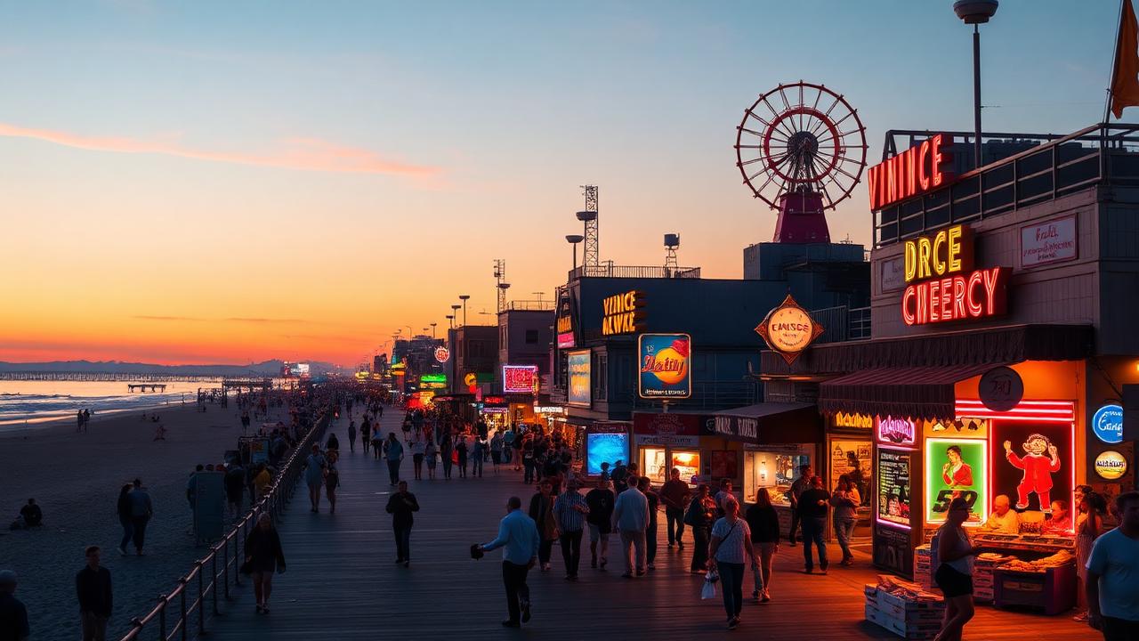 Venice Beach boardwalk at sunset with neon lights and crowds enjoying the evening atmosphere
