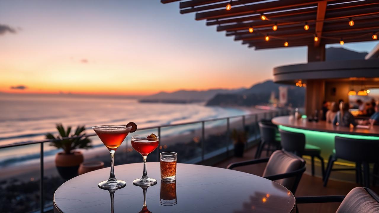 Rooftop bar overlooking Malibu coastline at dusk with craft cocktails and Pacific Ocean views
