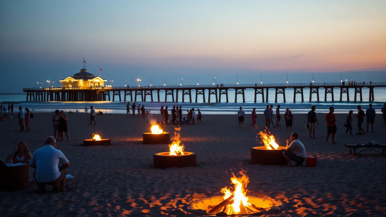 Manhattan Beach at twilight with fire pits on the sand and pier lights in the background
