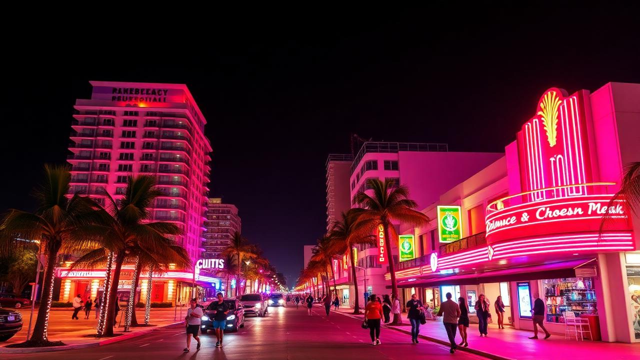 South Beach Miami Ocean Drive at night with neon-lit Art Deco buildings and palm trees