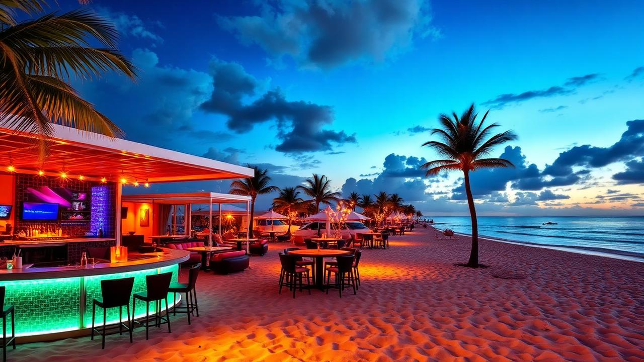 Luxurious beachfront club in Miami with LED lights and outdoor lounge area on the sand