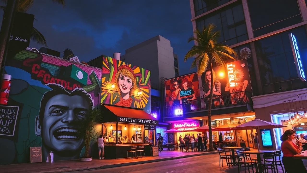 Wynwood Walls area in Miami at night with colorful murals and trendy bars