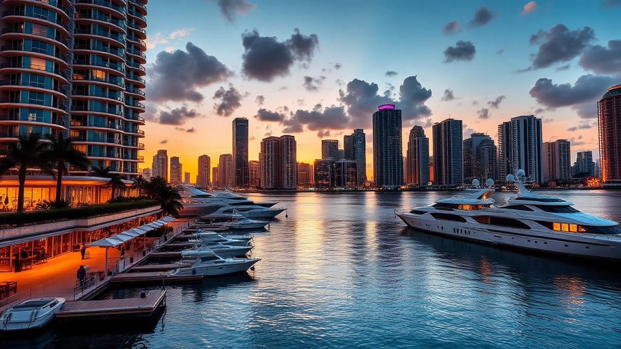 Brickell waterfront Miami at sunset with luxury yachts and city skyline on Biscayne Bay