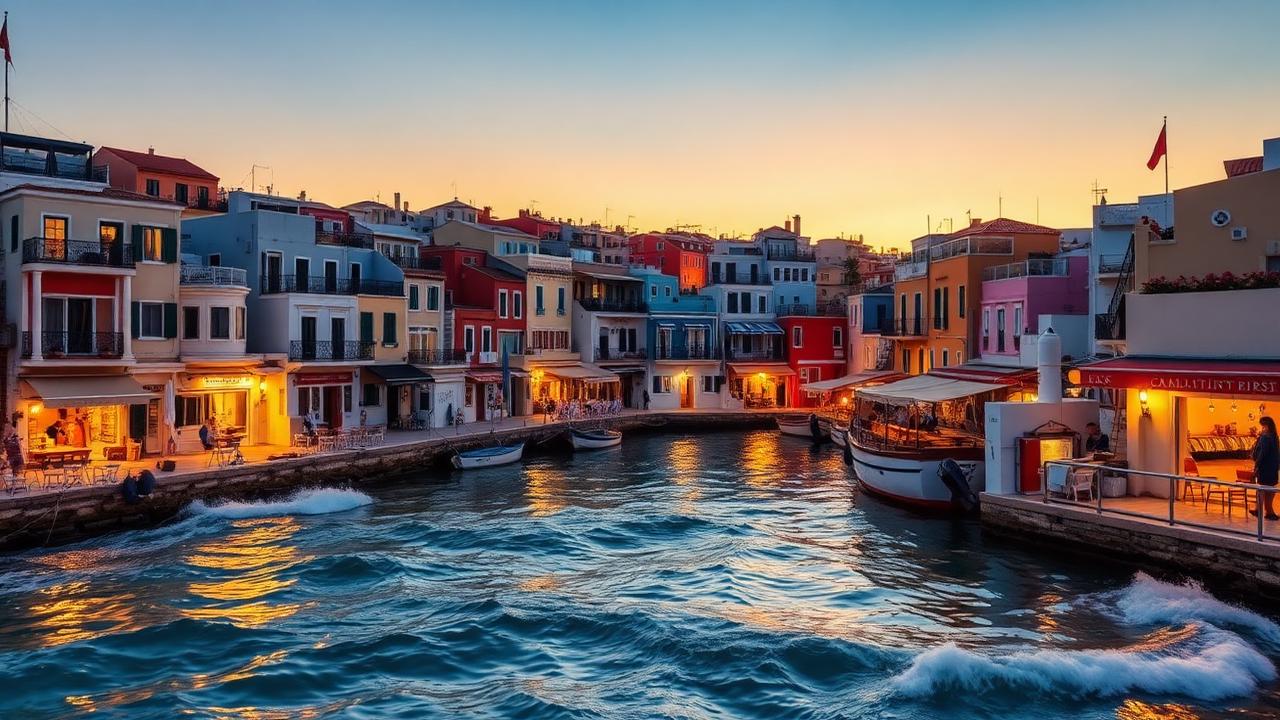 Mykonos Little Venice waterfront at sunset with colorful buildings and waves crashing below