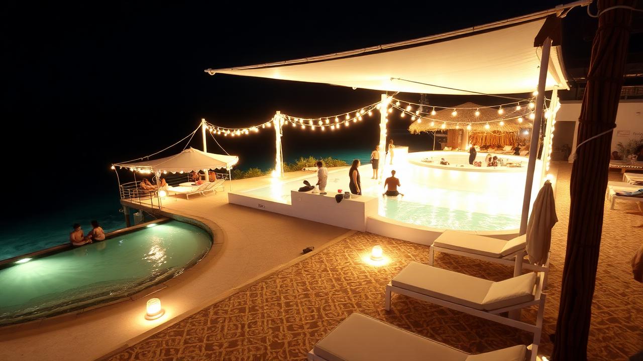 Paradise Beach Mykonos with luxury beach club pool and turquoise Aegean Sea at night