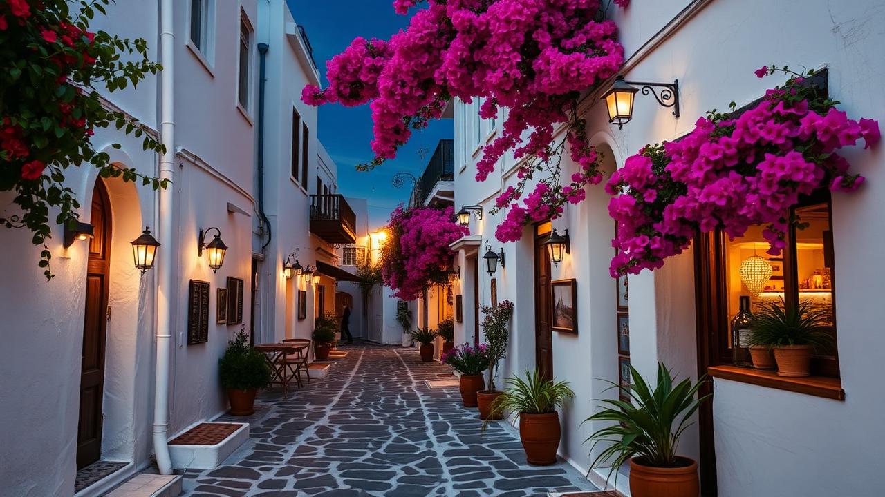Narrow whitewashed streets of Mykonos Town at night with bougainvillea and warm lighting