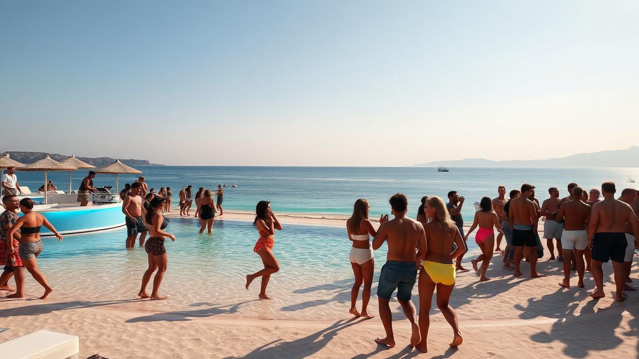 Super Paradise Beach Mykonos with beach party scene and crystal clear Aegean Sea