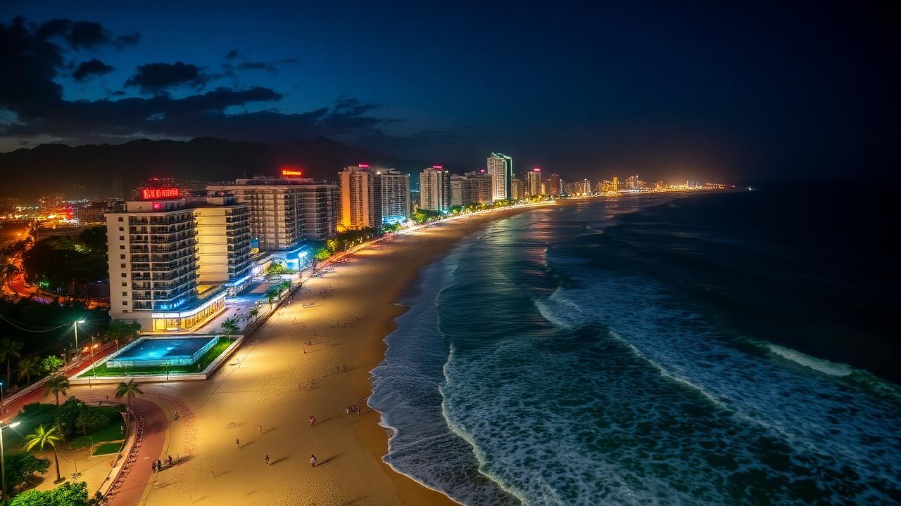 Copacabana Beach at night with illuminated beachfront hotels and mosaic promenade