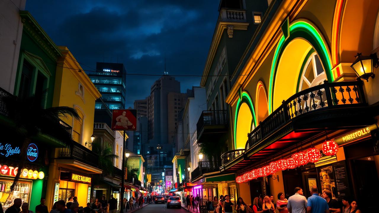Lapa neighborhood in Rio de Janeiro at night with colorful arches and samba bars